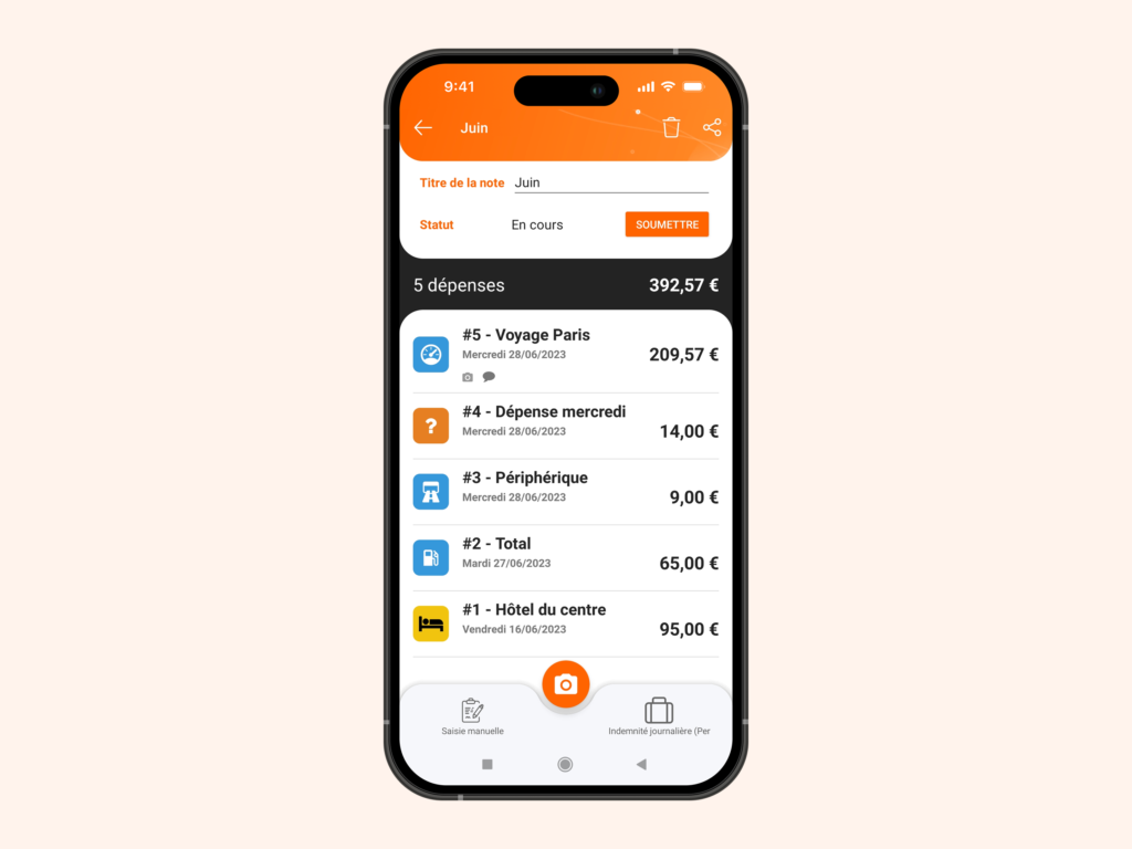 Enregistrement de la dépense dans l'app N2F